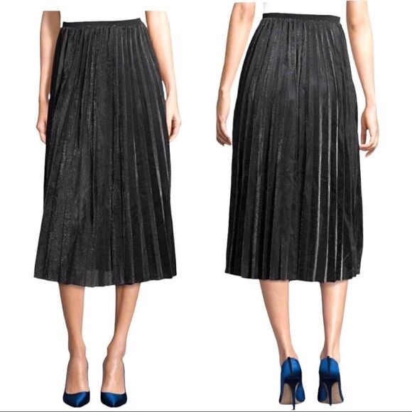 Zero Degrees Celsius Pleated Metallic Silver Black Elastic Waist Midi Skirt NWT - Picture 1 of 3